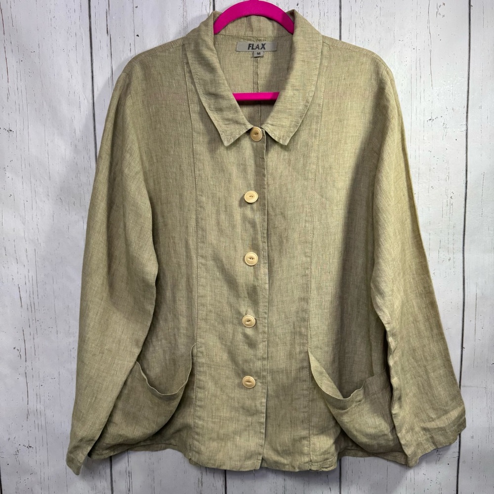 Flax Button Front 100% Linen Tan Utility Shirt Jacket Relaxed Lagenlook Neutral